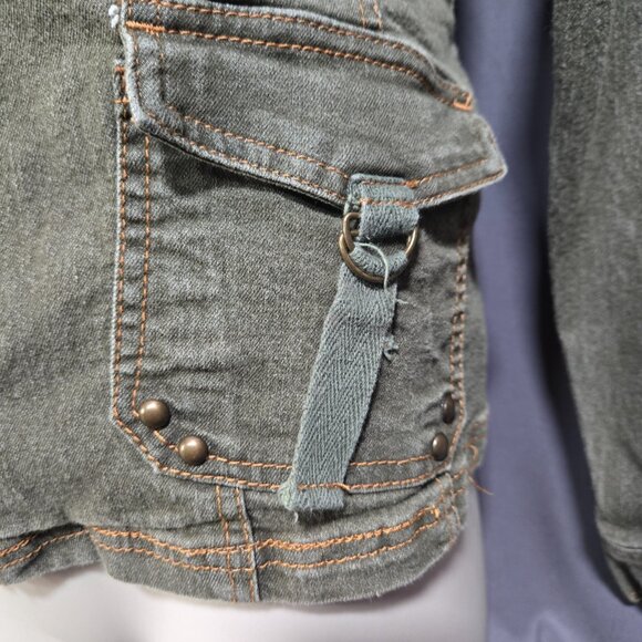 Y2K Fitted Denim Utility Jacket Size XXL Green Full Zip Flap Pockets Grunge - Picture 3 of 16